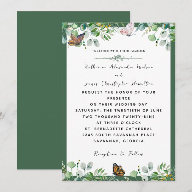 Invitación Elegante Boda acuarela Floral Mariposa Verde (Anverso / Reverso)
