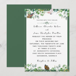 Invitación Elegante Boda acuarela Floral Mariposa Verde