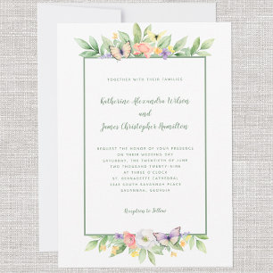 Invitación Elegante Boda acuarela Floral Mariposa Verde