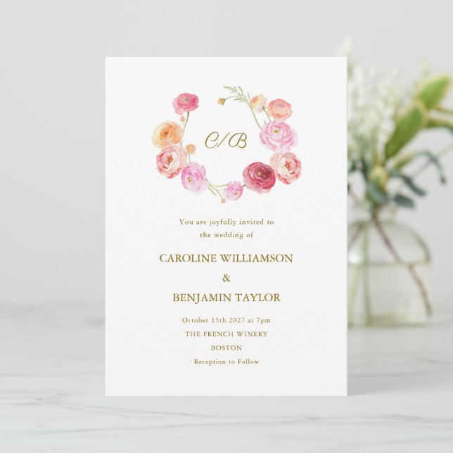 Invitación Elegante Boda Acuarela Ranunculus Floral Rosa (Anverso de pie)
