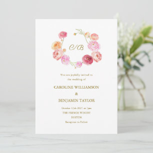Invitación Elegante Boda Acuarela Ranunculus Floral Rosa