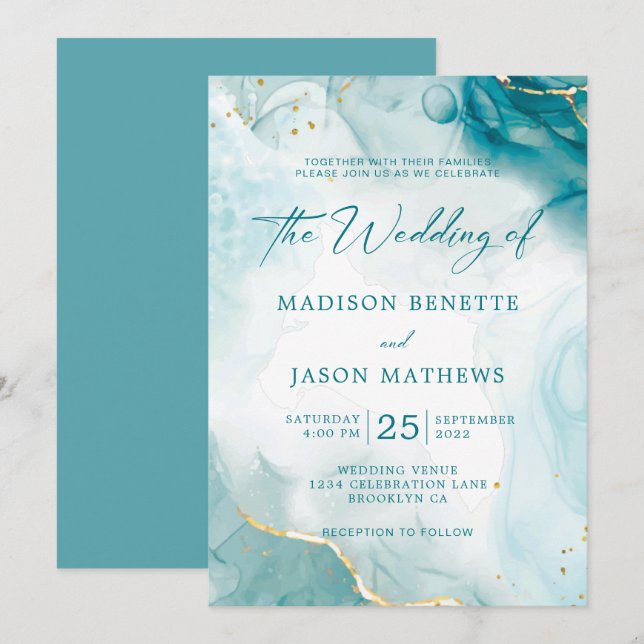 Invitación Elegante Boda acuático océano Verde azulado azul d (Anverso / Reverso)