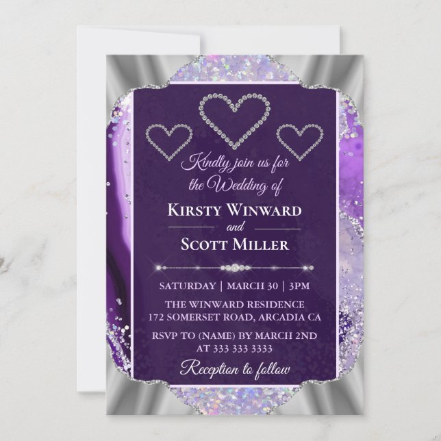 Invitación Elegante Boda Agate Purpurina Purple Faux Holo (Anverso)