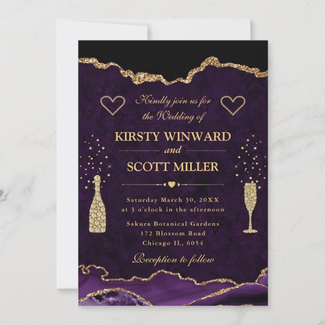 Invitación Elegante Boda Agate Purpurina Purple & Gold Faux (Anverso)