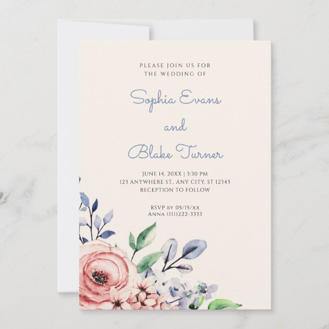 Invitación Elegante Boda amarillo rosado y azul floral (Anverso)