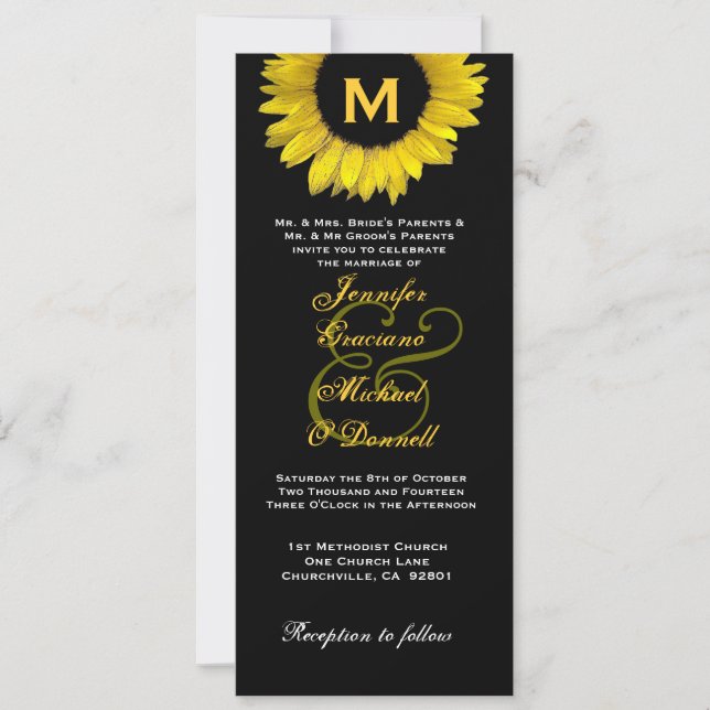 Invitación Elegante Boda amarillo y girasol negro (Anverso)
