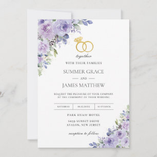 Invitación Elegante boda anillos de oro florales lila púrpura