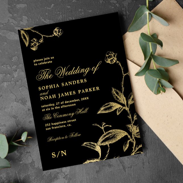Invitación Elegante boda antiguo de época dorado negro (Subido por el creador)