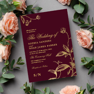 Invitación Elegante boda antiguo de oro burdeos de oro