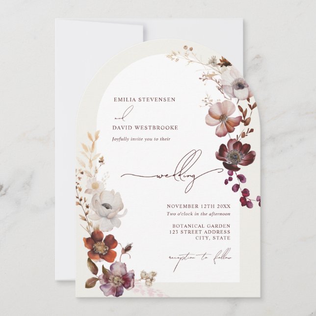 Invitación Elegante Boda arca borgoñona floral (Anverso)