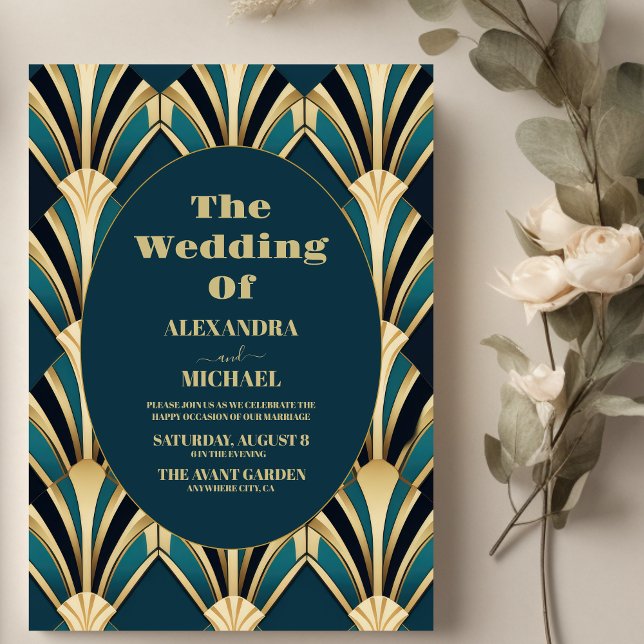 Invitación Elegante Boda Art Deco Azul y Oro (Subido por el creador)