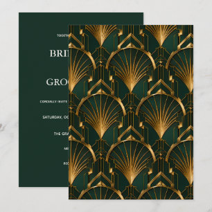 Invitación Elegante Boda Art Déco de Esmeralda y Oro