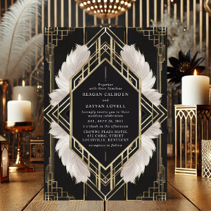 Invitación Elegante Boda Art Déco de Plumas Negras y Doradas