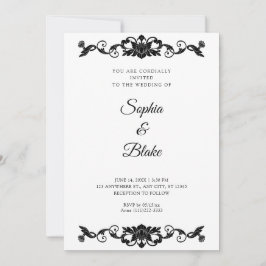Invitación Elegante Boda Art Déco Floral en Blanco y Negro