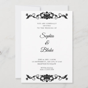 Invitación Elegante Boda Art Déco Floral en Blanco y Negro
