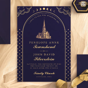 Invitación Elegante Boda Art Déco Iglesia Morado Dorado