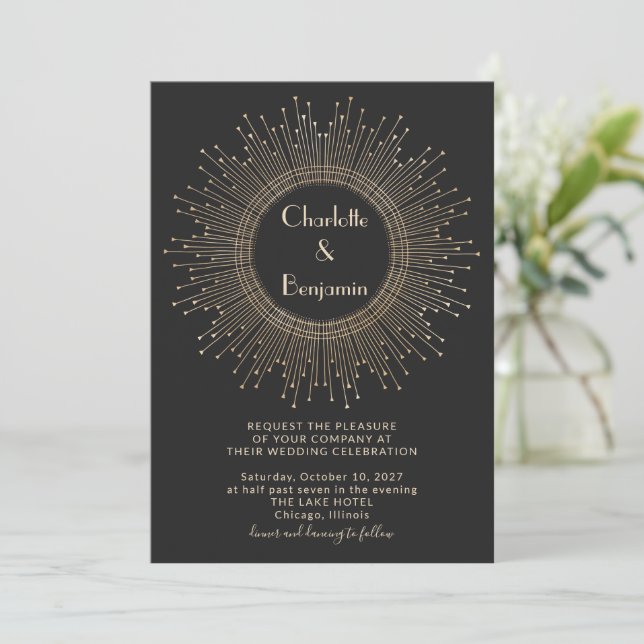Invitación Elegante Boda Art Deco Negro y Oro (Anverso de pie)