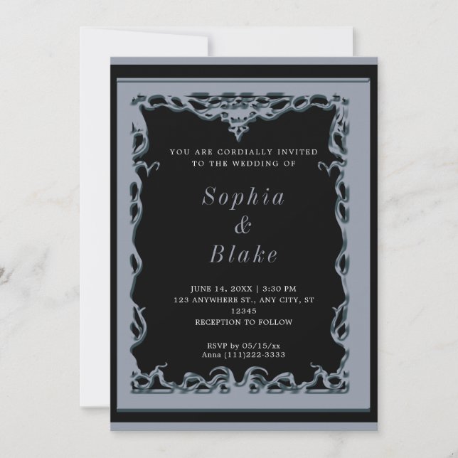 Invitación Elegante Boda Art Deco Negro y Plata (Anverso)