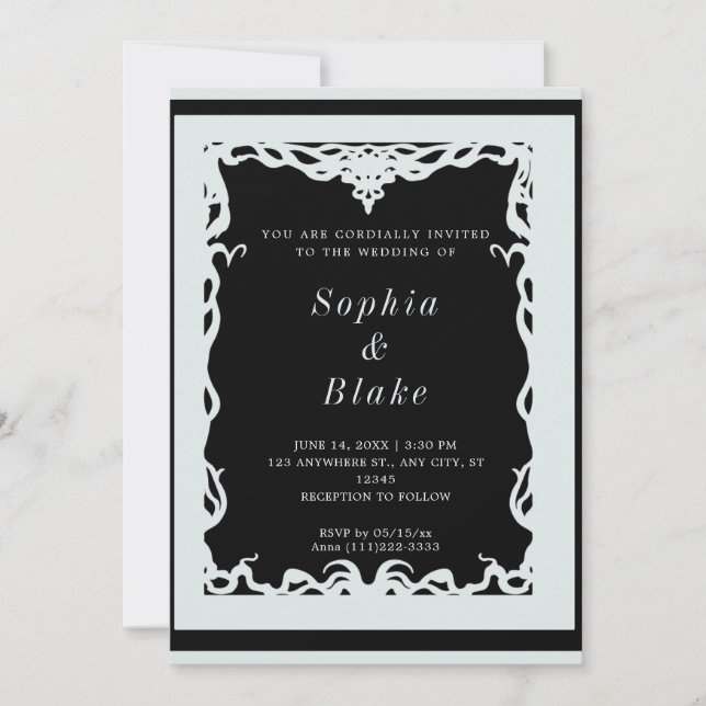 Invitación Elegante Boda Art Deco Negro y Verde Pálido (Anverso)
