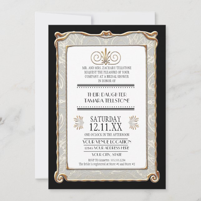 Invitación Elegante Boda Art Decó Nouveau Gatsby Gold Lace (Anverso)