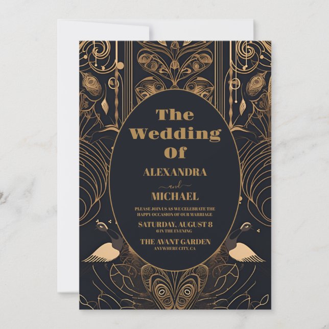 Invitación Elegante Boda Art Deco Peacocks (Anverso)