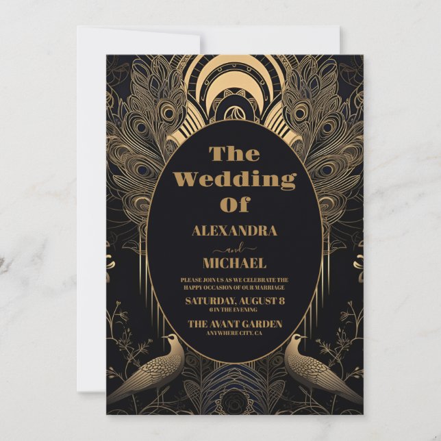 Invitación Elegante Boda Art Deco Peacocks (Anverso)