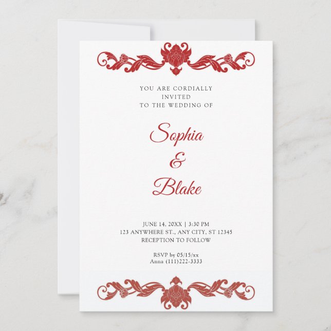Invitación Elegante Boda Art Deco Rojo y Blanco (Anverso)