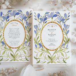 Invitación Elegante Boda Art Nouveau Dusty Blue & Gold