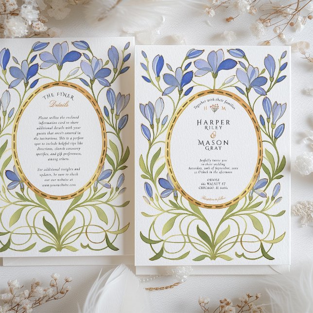 Invitación Elegante Boda Art Nouveau Dusty Blue & Gold (Subido por el creador)