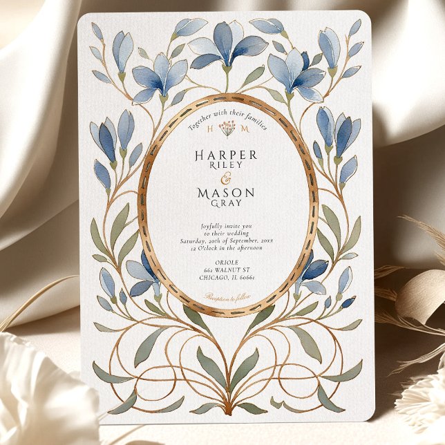 Invitación Elegante Boda Art Nouveau Dusty Blue & Gold (Subido por el creador)