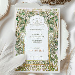 Invitación Elegante boda Art Nouveau Guardar la carta de fech<br><div class="desc">Esta impresionante tarjeta de boda salva la fecha muestra un diseño Art Nouveau muy detallado, con un borde intrincado de delicadas flores blancas y hojas verdes exuberantes, todo enmarcado con acentos dorados ornamentales. En la parte delantera de la tarjeta se destacan los detalles importantes del boda, enmarcados por elegantes arcos...</div>