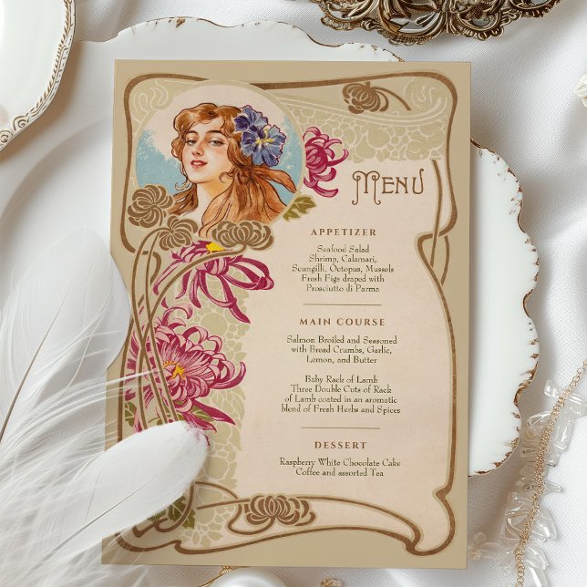 Invitación Elegante Boda Art Nouveau Menú de cena Floral (Subido por el creador)