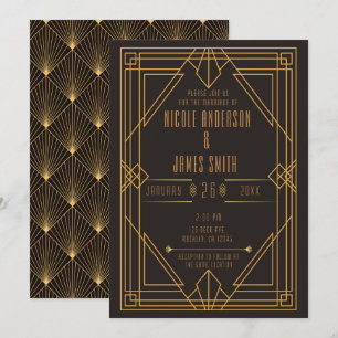 Invitación Elegante Boda Arte Deco Negro Oro Matrimonio