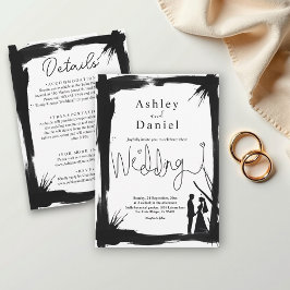 Invitación Elegante Boda Artístico Moderno Blanco Y Negro