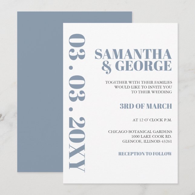 Invitación Elegante Boda audaz y turbio azul moderno (Anverso / Reverso)