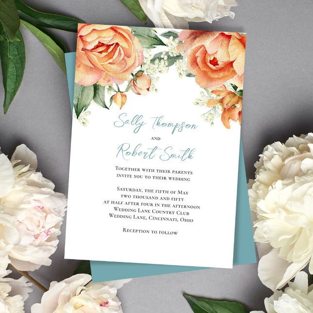 Invitación Elegante Boda azul acuarela Floral Peach (Peach floral elegant invitation)