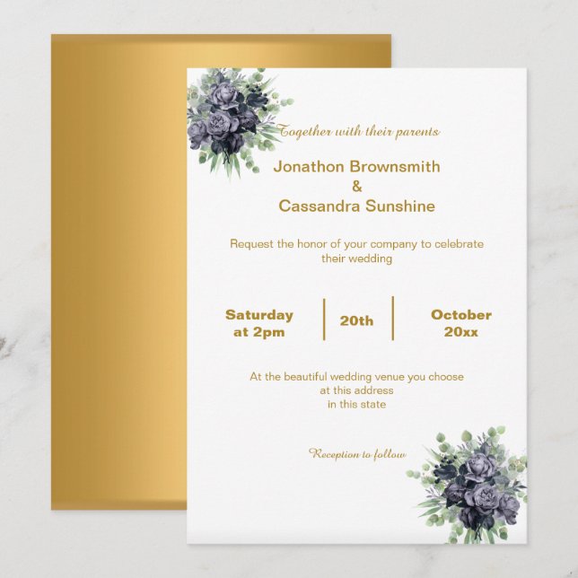 INVITACIÓN ELEGANTE BODA AZUL AZUL DE ORO SENCILLO (Anverso / Reverso)