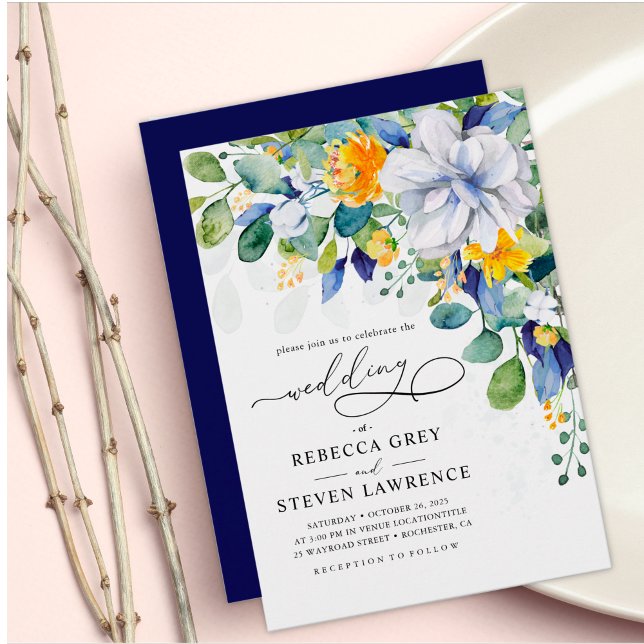 Invitación Elegante boda azul blanco amarillo floral (Subido por el creador)