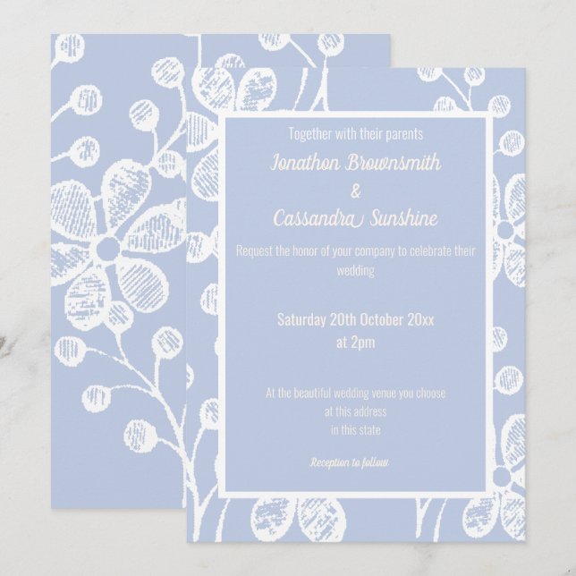 INVITACIÓN ELEGANTE BODA AZUL BLANCO FLORAL (Anverso / Reverso)