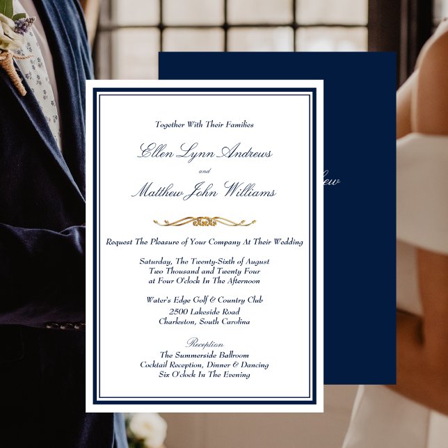 Invitación Elegante Boda azul, blanco y oro de la Marina (Elegant Navy Blue, White and Gold Wedding Invitation)