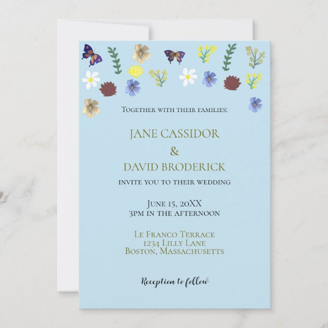 Invitación Elegante Boda azul Boho de Flor Silvestre (Anverso)