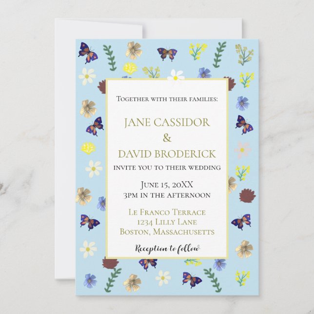 Invitación Elegante Boda azul Boho de Flor Silvestre (Anverso)