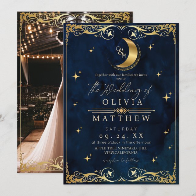 Invitación Elegante Boda Azul Celestial  (Anverso / Reverso)