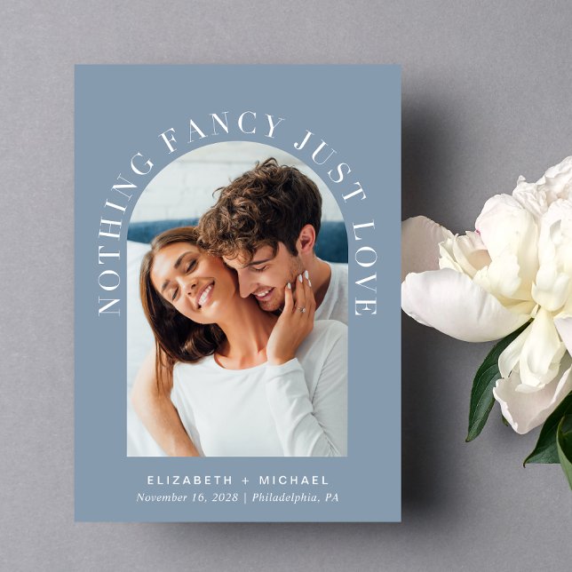 Invitación Elegante Boda azul celosal de foto arcaico (Celebrate your love story with an invitation showcasing your favorite photo in an elegant arch frame)