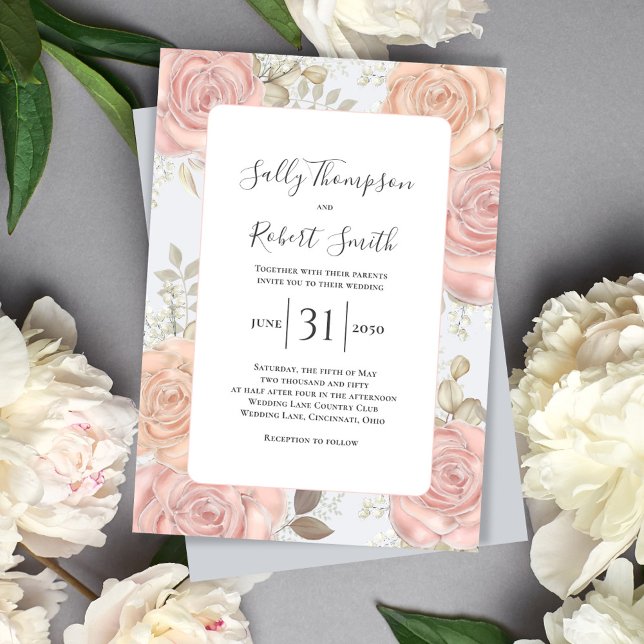 Invitación Elegante Boda azul claro floral Rubor rosa (Elegant wedding invitation with light blue and blush pink floral design. )