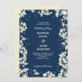 Invitación Elegante Boda azul de acero ligero de borde floral