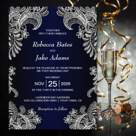 Invitación Elegante Boda azul de encaje blanco