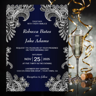 Invitación Elegante Boda azul de encaje blanco
