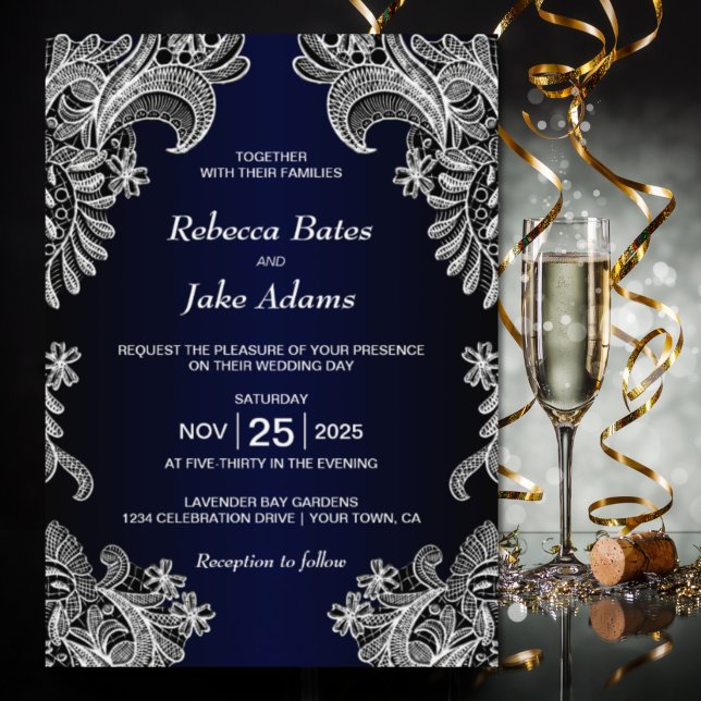 Invitación Elegante Boda azul de encaje blanco (Subido por el creador)