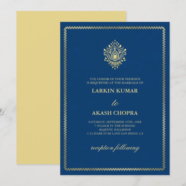 Invitación Elegante Boda azul de Golden Paisley Dodger (Anverso / Reverso)